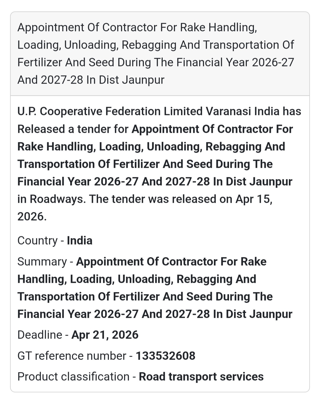 🚛 Transport & Handling Contract – Jaunpur