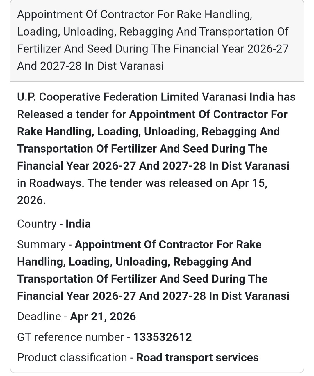 🚛 Transport & Handling Contract – Varanasi