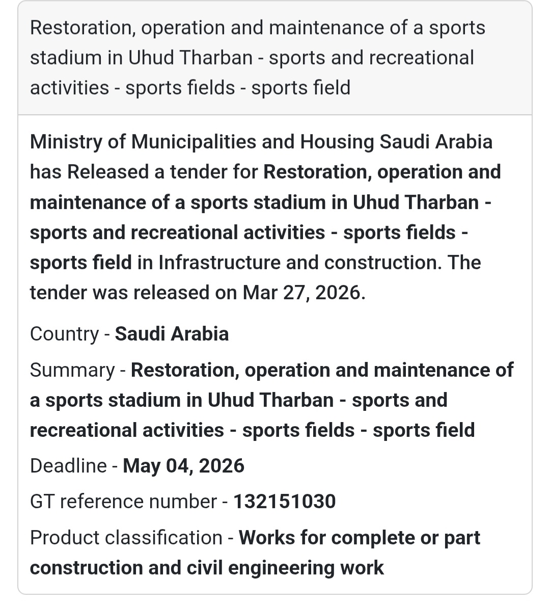 🏟️ Uhud Tharban Sports Stadium 🇸🇦 📢 New Tender Alert