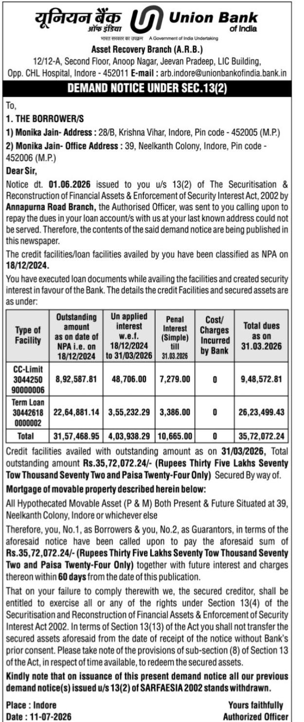 🏦 Union Bank of India – SARFAESI Demand Notice