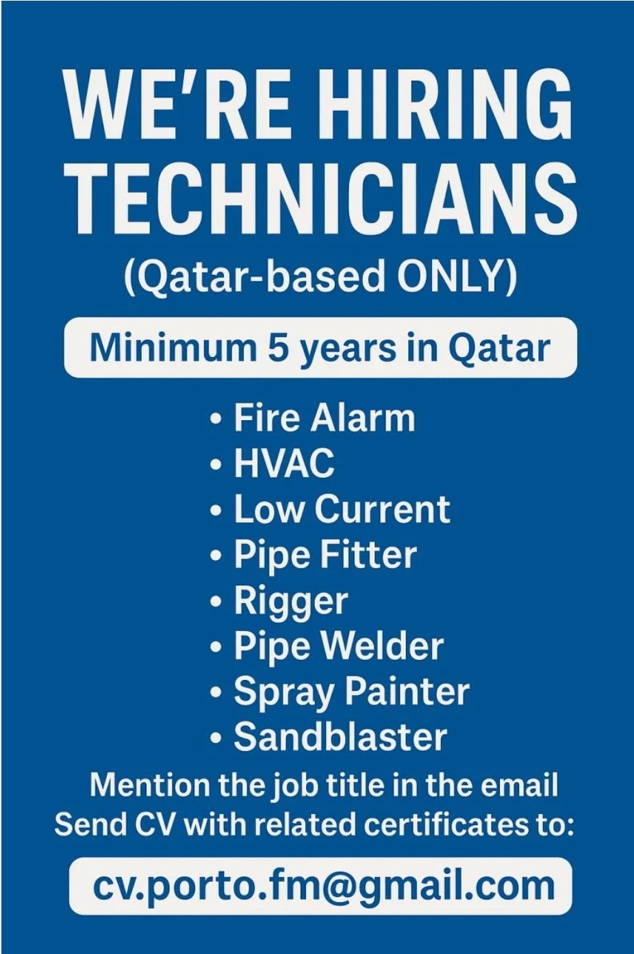 🇶🇦 URGENT HIRING | TECHNICIANS – QATAR
