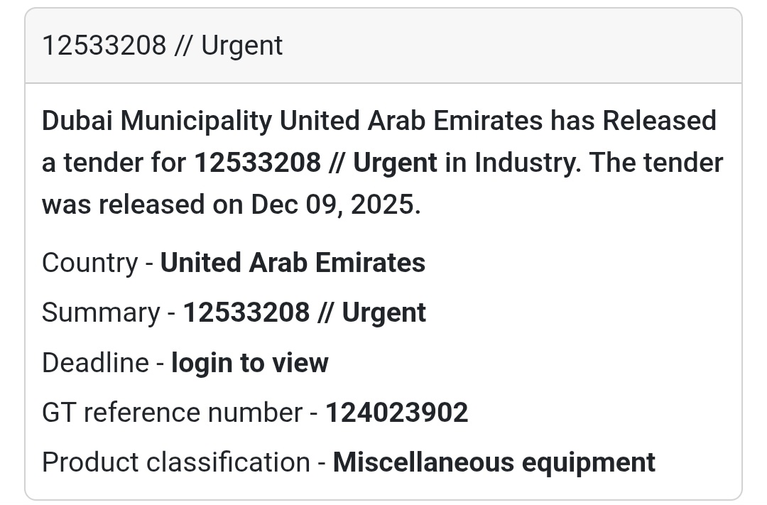 🚨 Urgent Industry Tender – UAE 🇦🇪🚨