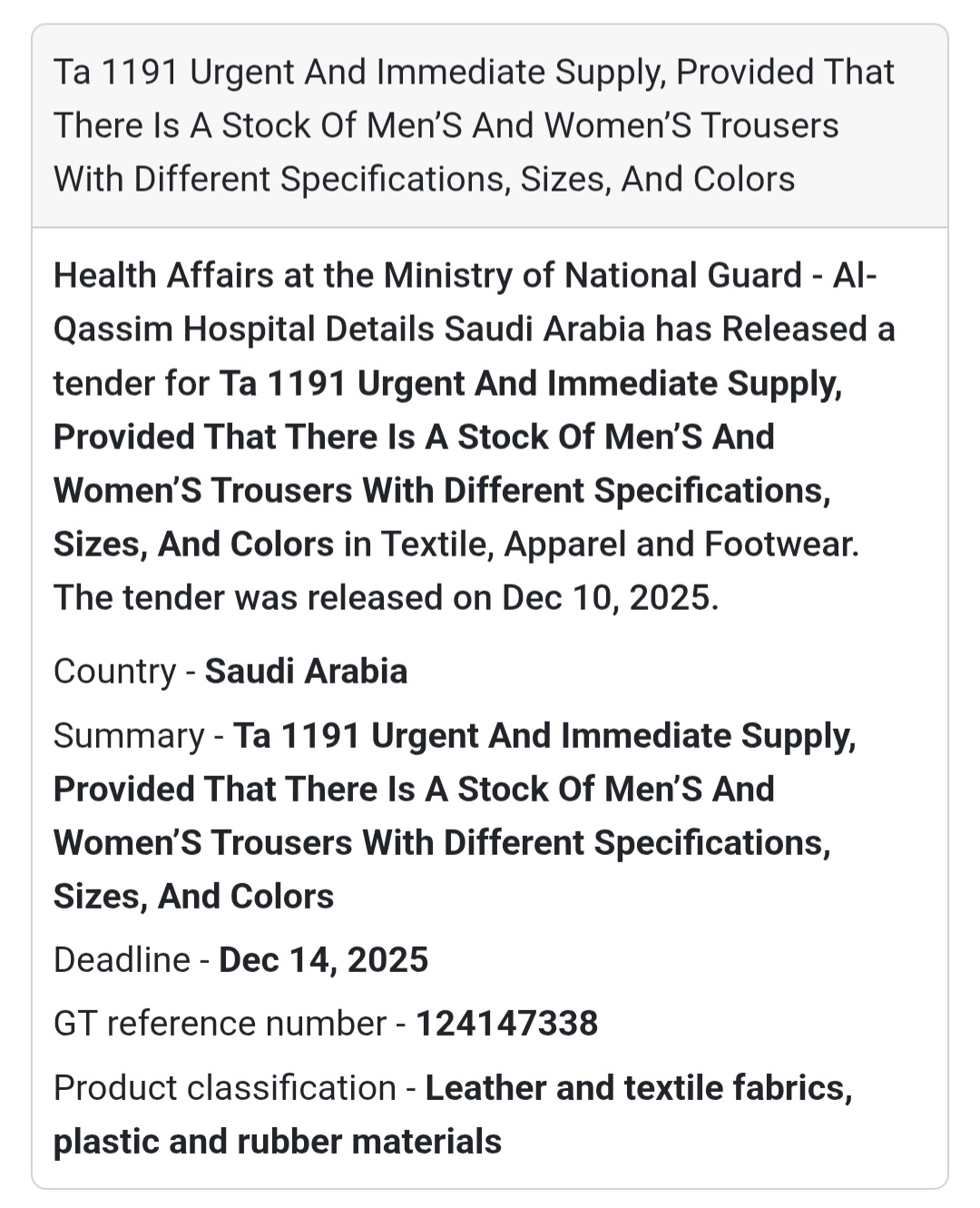 👖 Urgent Supply of Men’s & Women’s Trousers (TA 1191)