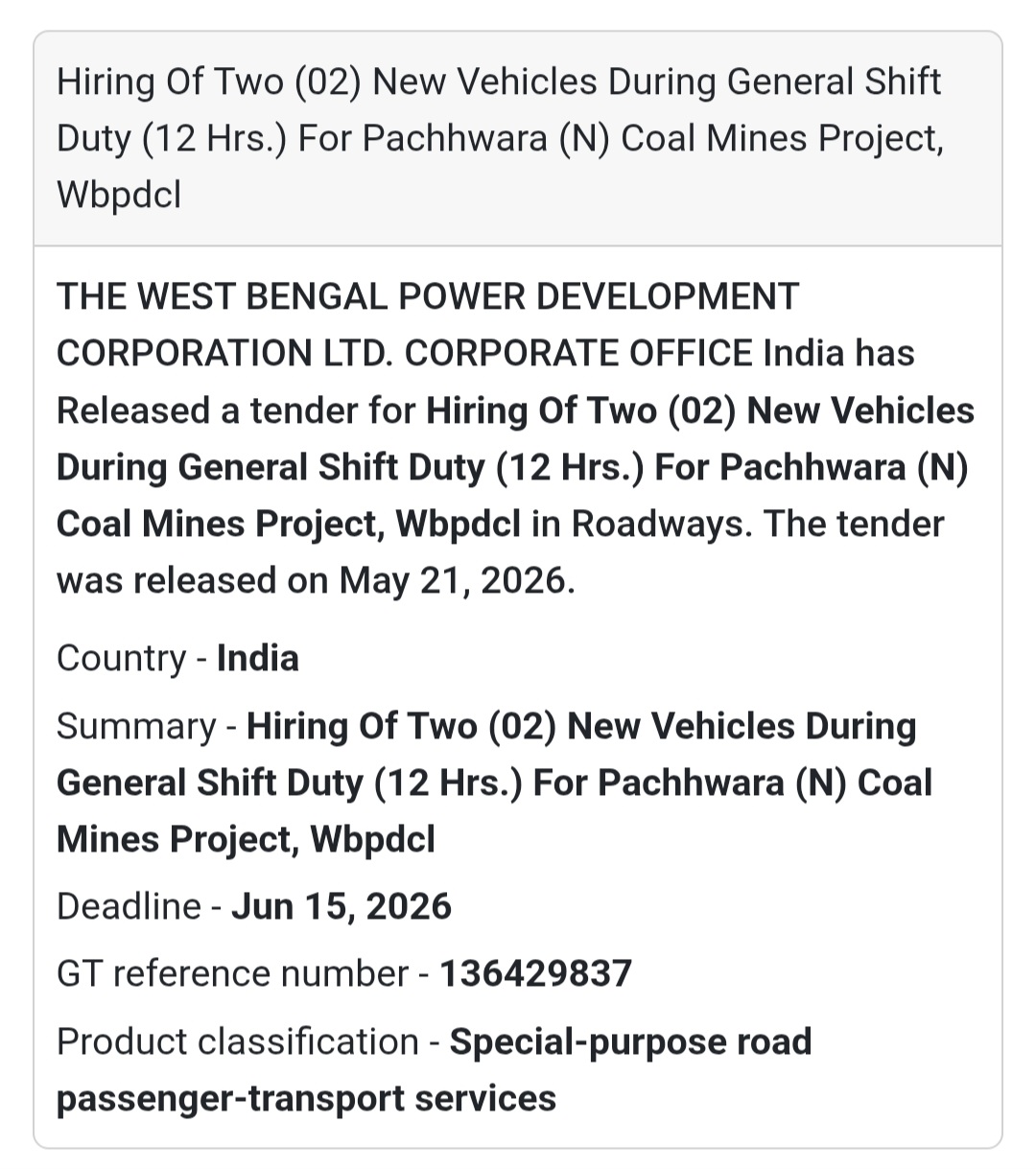 🚘 Vehicle Hiring Tender for Coal Mines Project