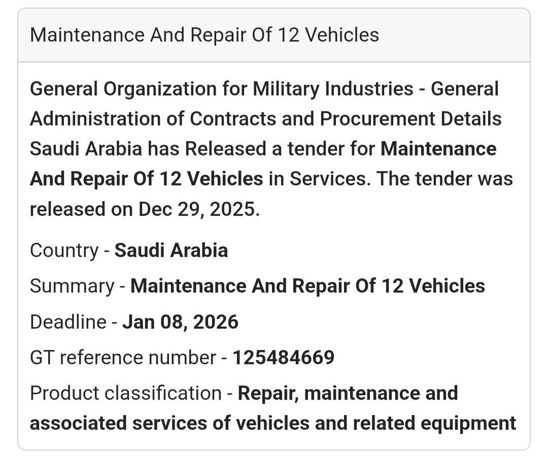 📢 Vehicle Maintenance Tender – Saudi Arabia 🇸🇦