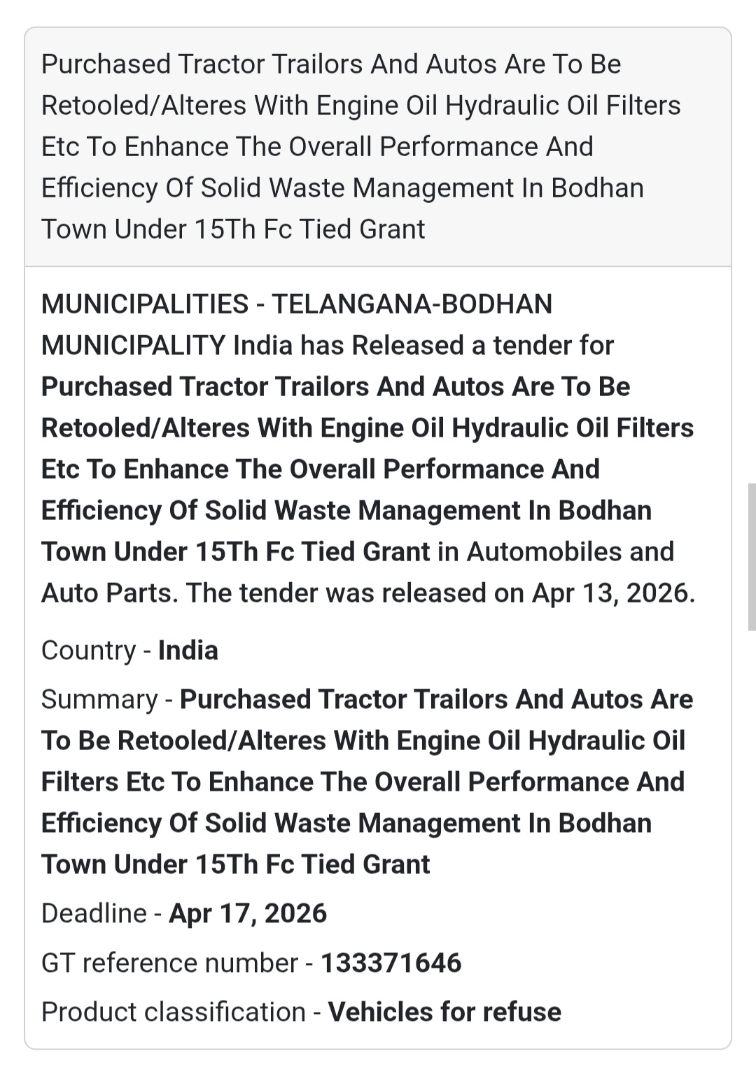 🚛 Vehicle Retooling Project – Bodhan