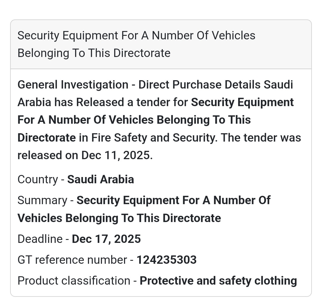 🚓 Vehicle Safety Equipment Tender – Saudi Arabia 🇸🇦🦺