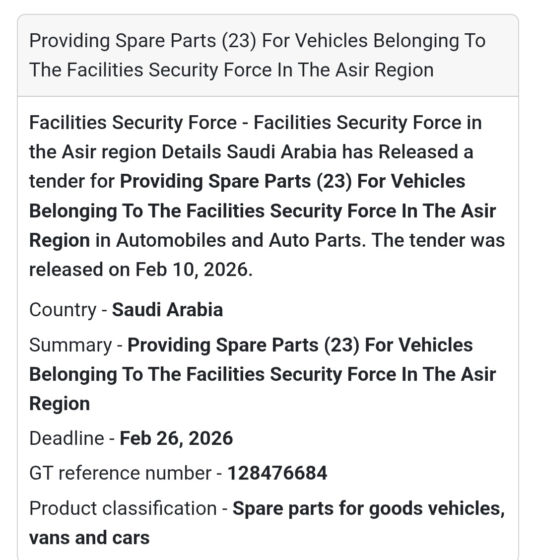 🚗 Vehicle Spare Parts (23 Items) – Asir Region