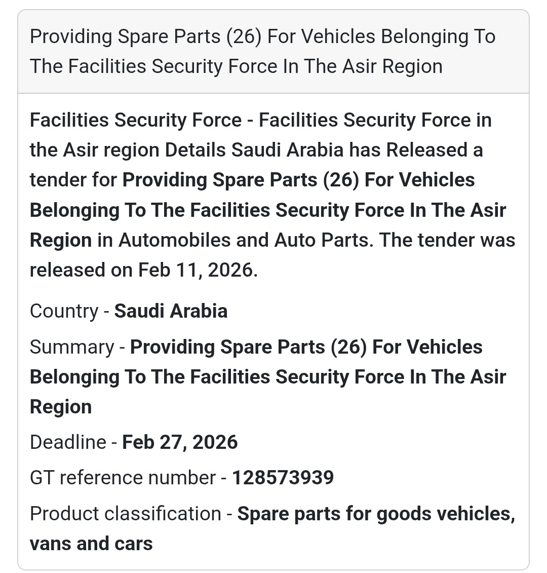 🚗 Vehicle Spare Parts (26) – Facilities Security Force (Asir Region)