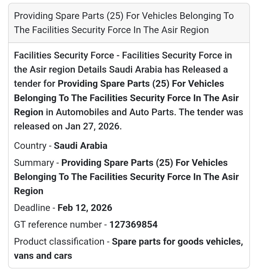 🚓 Vehicle Spare Parts – Facilities Security Force (Asir) 🇸🇦 Saudi Arabia