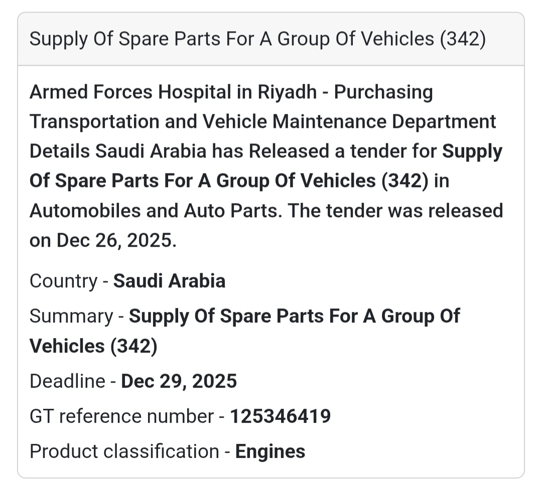 🚗 Vehicle Spare Parts Tender | Riyadh 🇸🇦