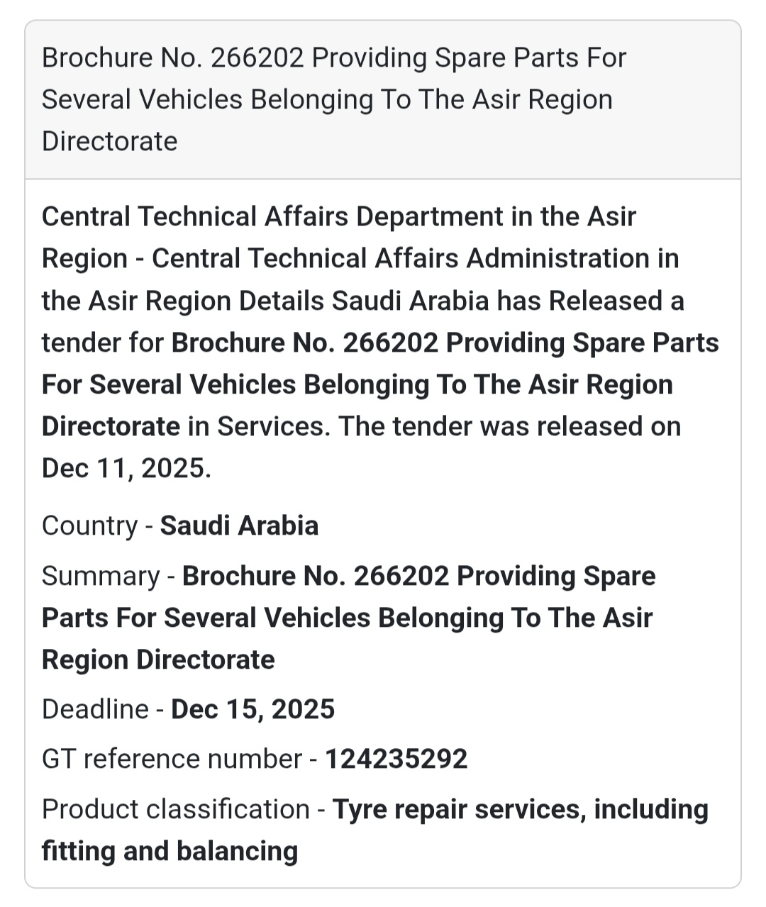 🚗 Vehicle Spare Parts Tender – Saudi Arabia 🇸🇦