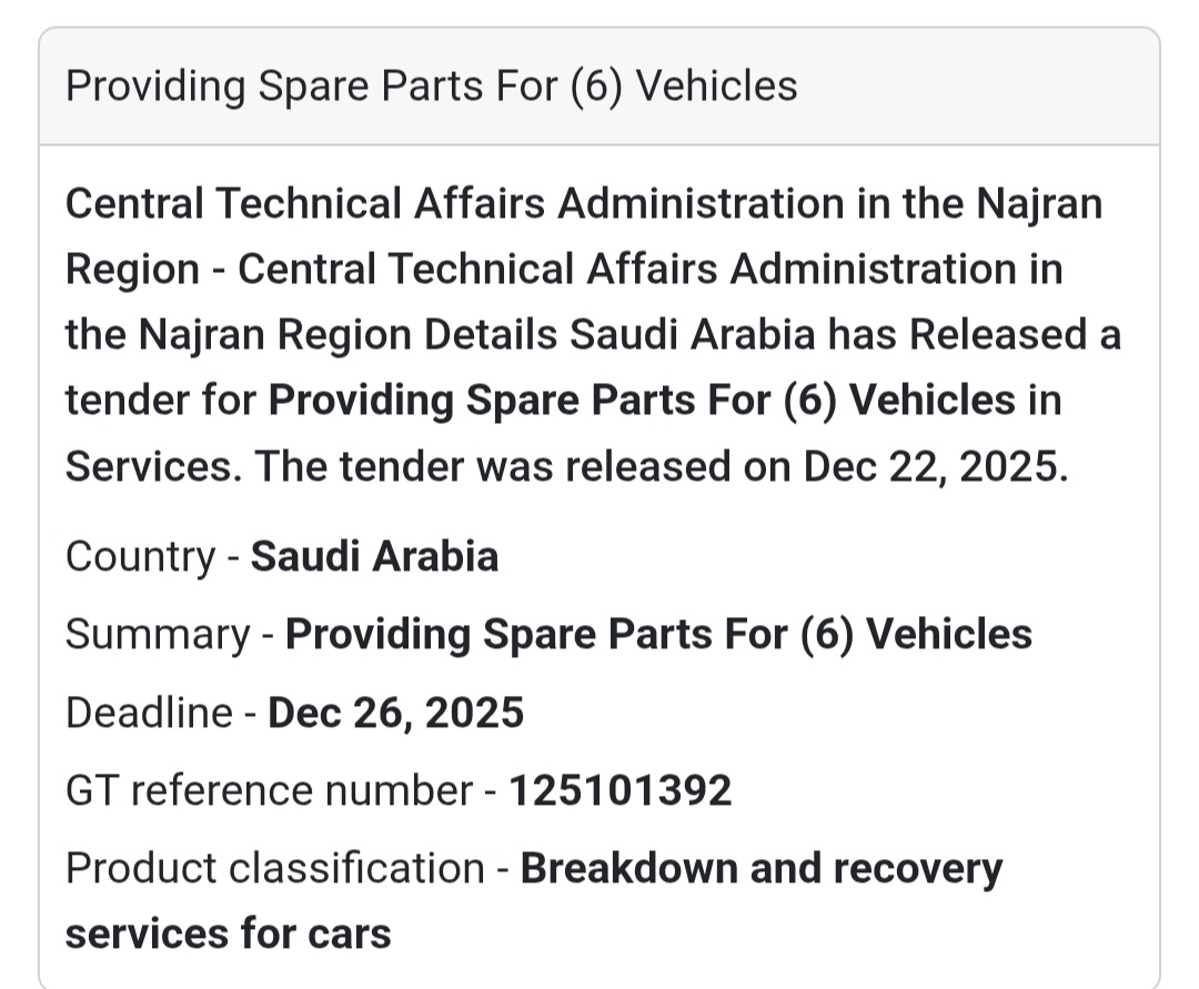 🚗 Vehicle Spare Parts Tender – Saudi Arabia 🇸🇦