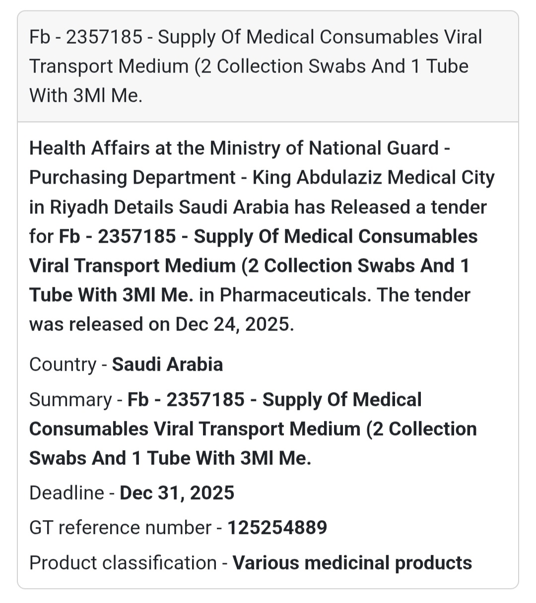 🧪 Viral Transport Medium (VTM Kits) – Saudi Arabia 🇸🇦