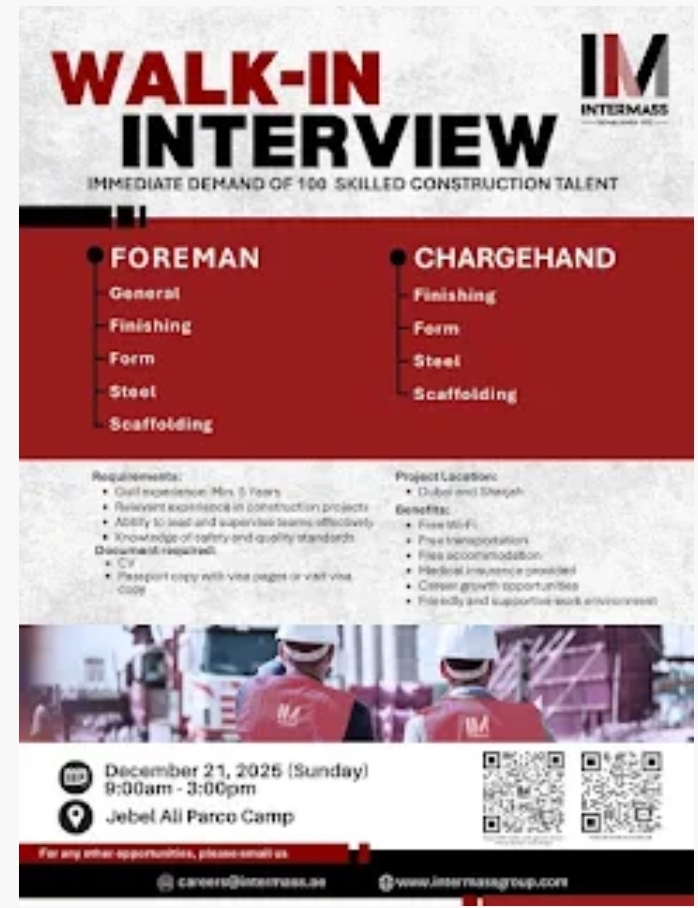 🚧 WALK-IN INTERVIEW | 100 Skilled Construction Jobs in Dubai & Sharjah! 🏗️