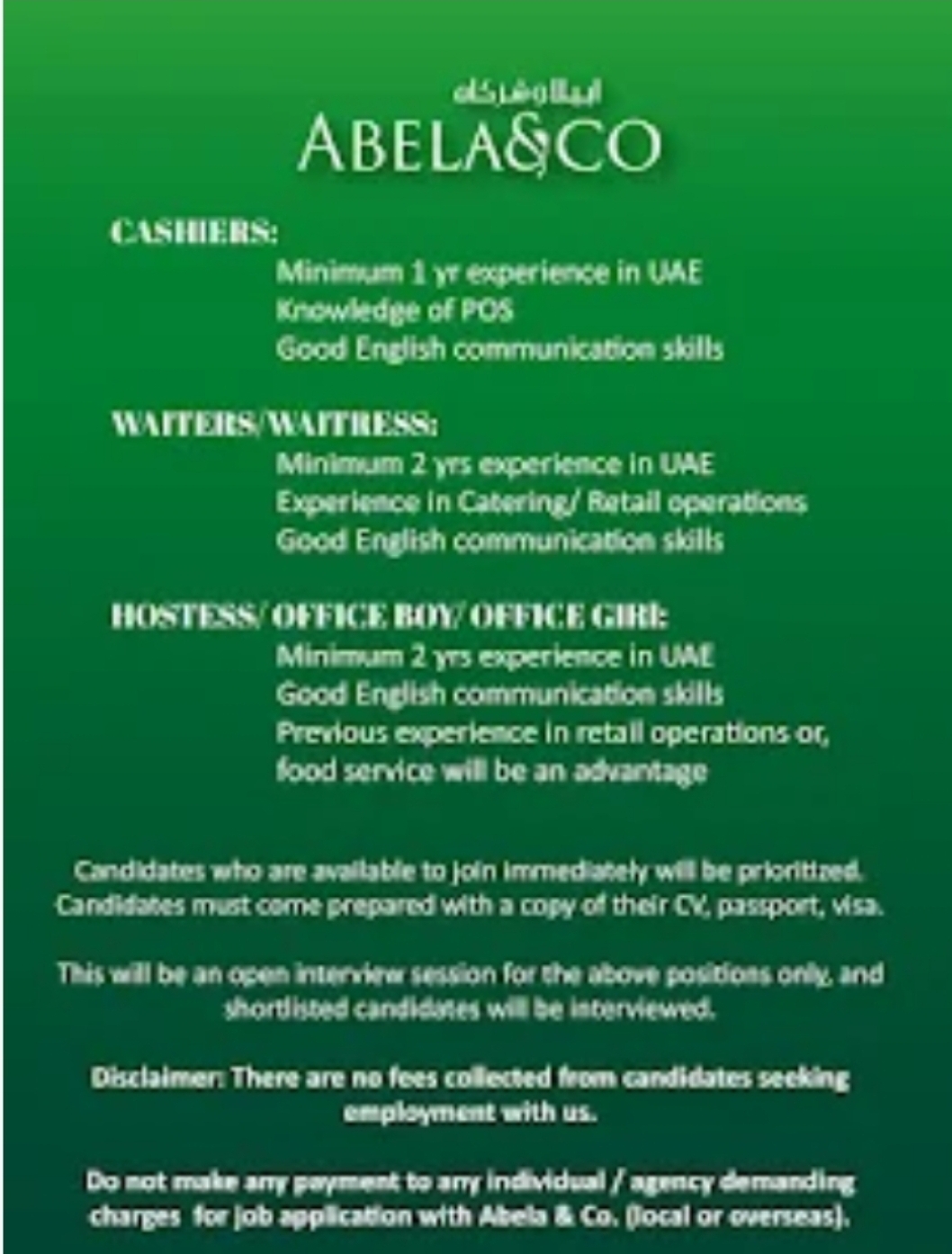 🚀 Walk-In Interview – Abela & Co Hiring in Dubai (November 2025)! 🇦🇪