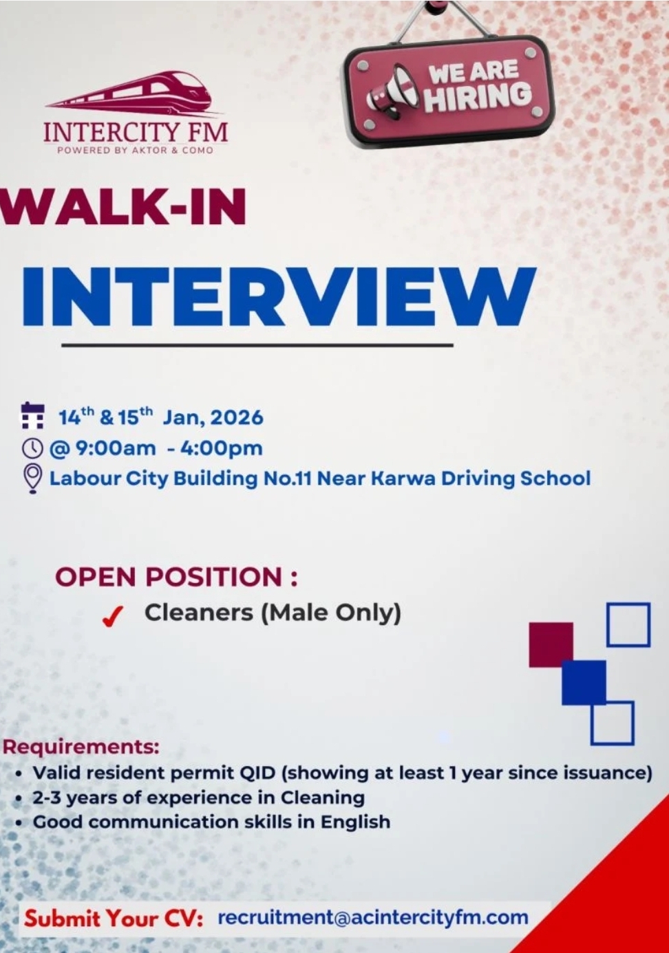 🧹 Walk-In Interview – Cleaners (Qatar)