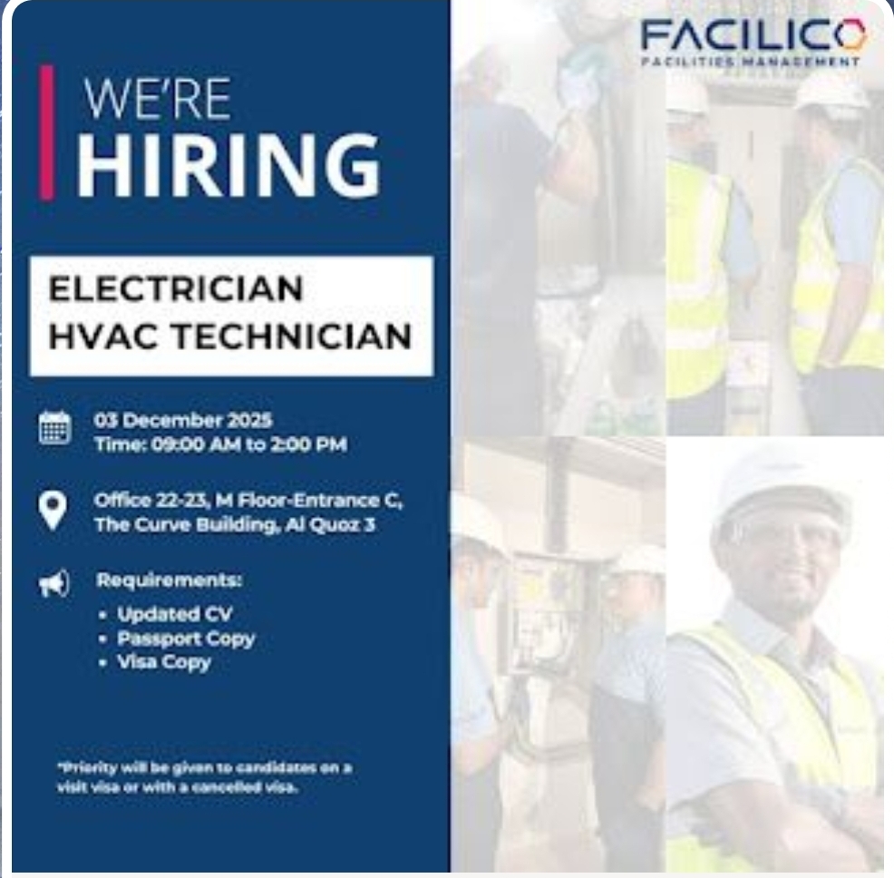 ⚡ Walk-In Interview – Electrician & HVAC Technician Jobs in Dubai! ❄️
