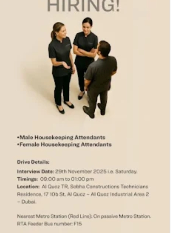 🌟 Walk-In Interview – Housekeeping Jobs in Dubai! 🇦🇪✨
