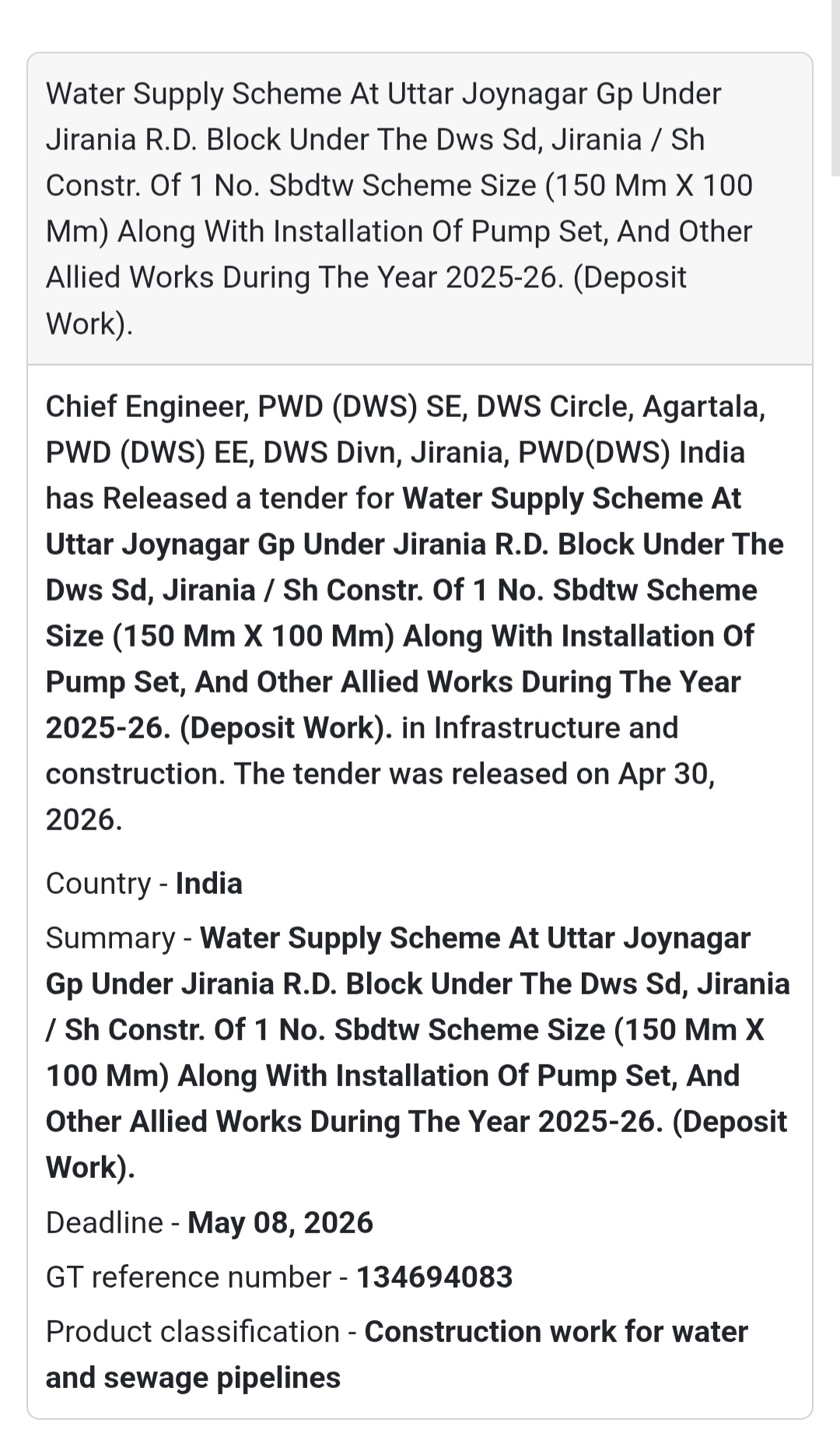 🚰 Water Supply Scheme – Uttar Joynagar