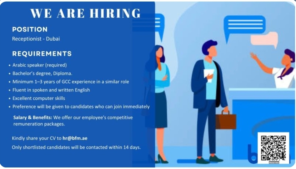 📞 WE ARE HIRING – Receptionist | Dubai 🇦🇪