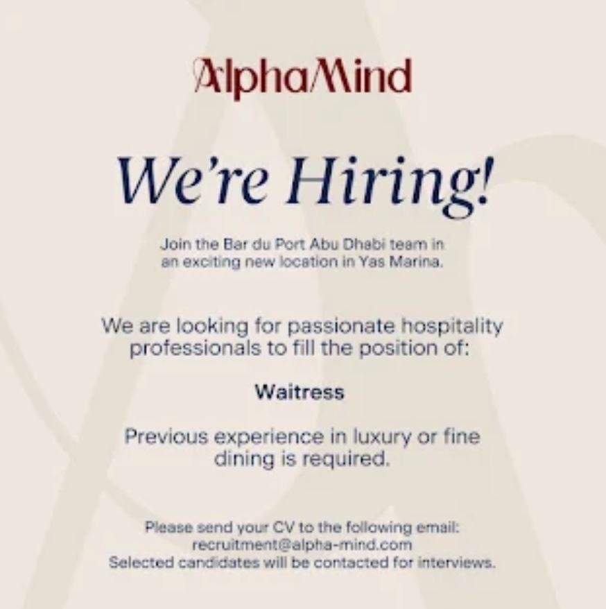 🍽️ WE’RE HIRING – WAITRESS | ABU DHABI 🍽️