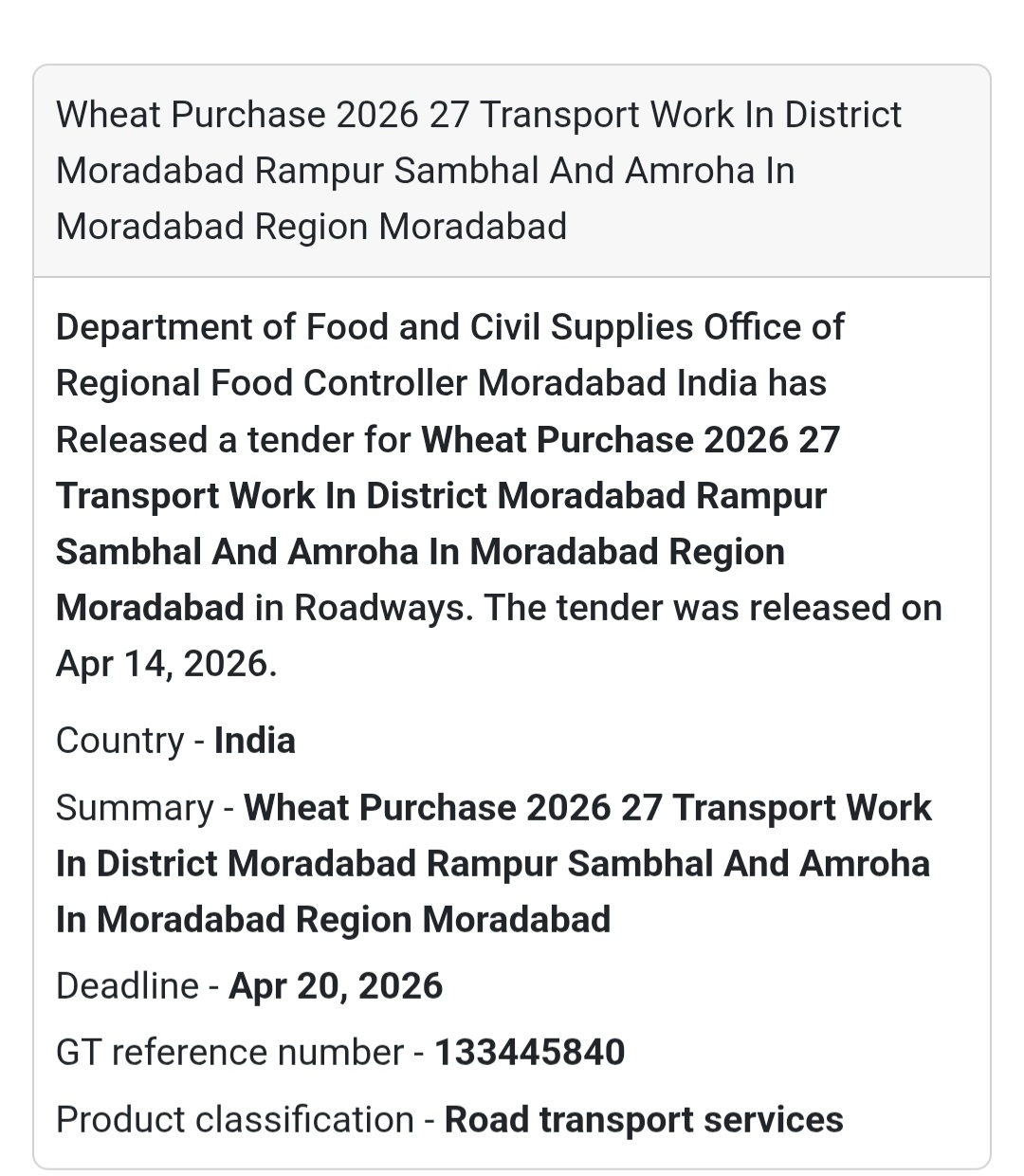 🚛 Wheat Transport Work – Moradabad Region