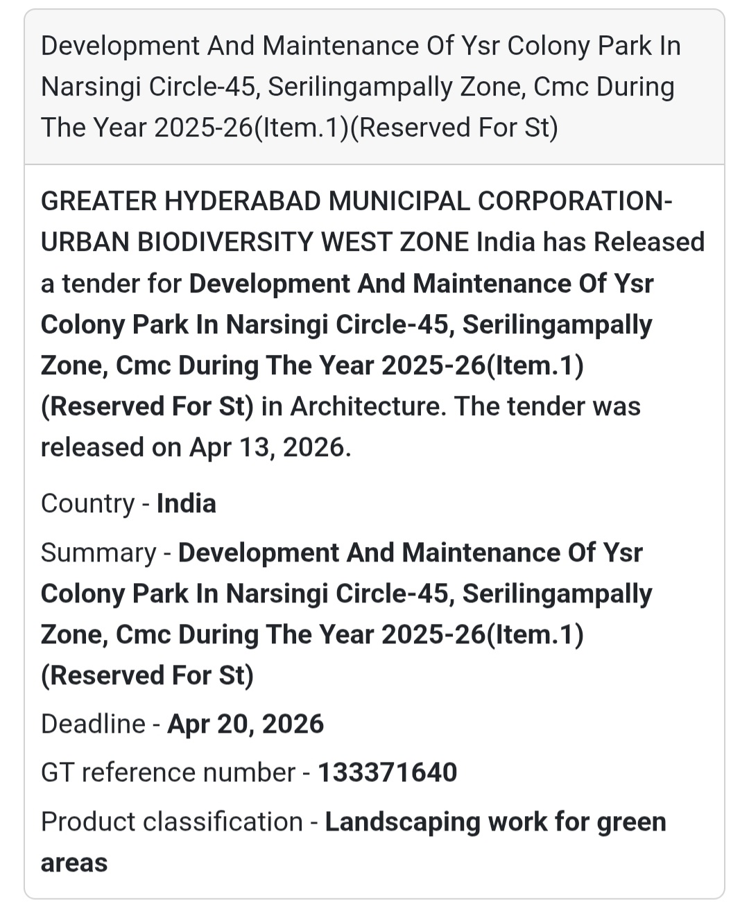 🌳 YSR Colony Park Development – Hyderabad