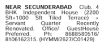4 BHK Independent House for Rent Near Secunderabad Club