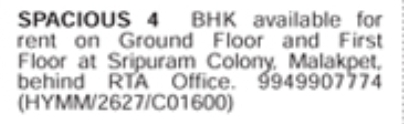 Apartment for Rent: Spacious 4 BHK in Malakpet