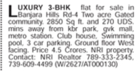 Apartment for Sale: Luxury 3 BHK Flat in Banjara Hills
