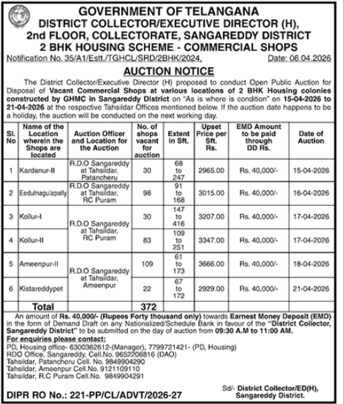 Auction for Commercial Shops in Sangareddy