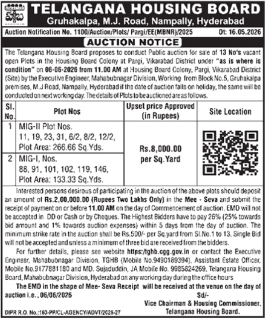 Auction Notice: Vacant Open Plots at Telangana Housing Board