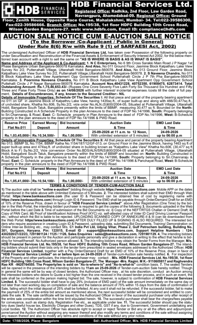 Auction Sale Notice for Immovable Properties by HDB Financial Services Ltd.