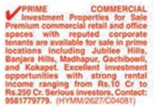Commercial Properties for Sale: Jubilee Hills & Top Hubs, Hyderabad