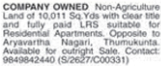 Company Owned Non-Agriculture Land for Sale in Thumukunta
