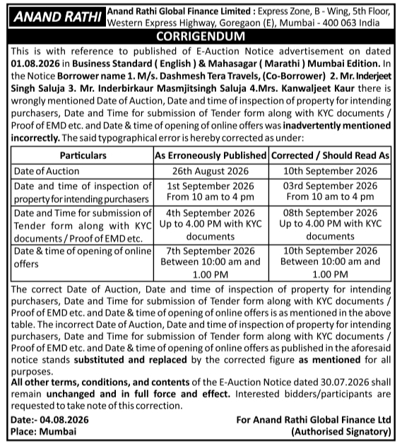 Corrigendum to E-Auction Advertisement for Tara Travels