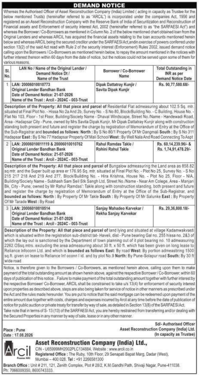 Demand Notice for Immovable Properties by ARCIL