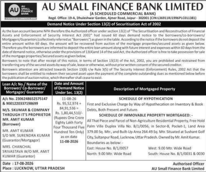 Demand Notice for Immovable Property by AU Small Finance Bank Limited