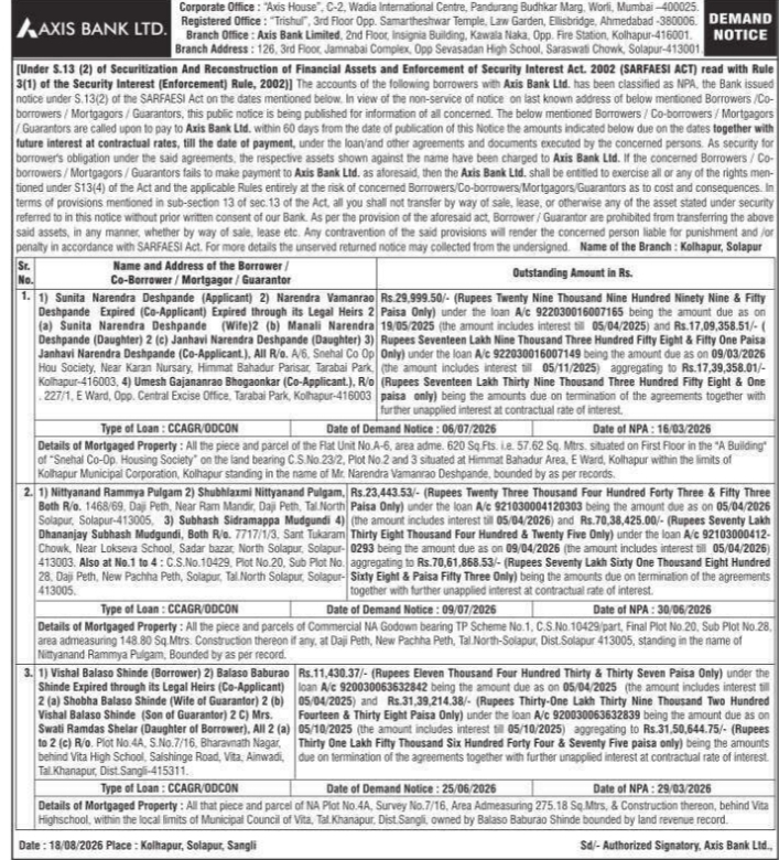 Demand Notice for Immovable Property by Axis Bank Limited