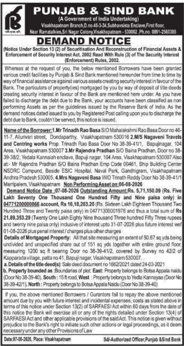 Demand Notice for Immovable Property by Punjab & Sind Bank