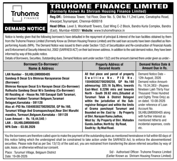 Demand Notice for Mortgaged Property by Truhome Finance Limited
