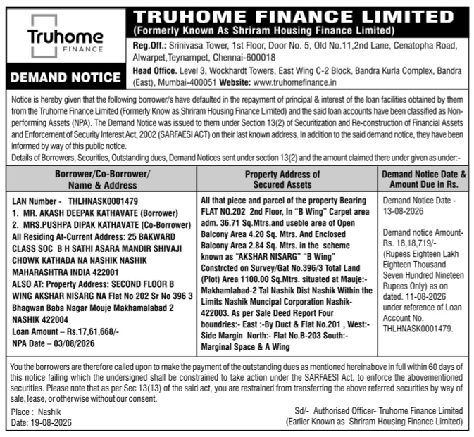 Demand Notice for Mortgaged Property by Truhome Finance Limited
