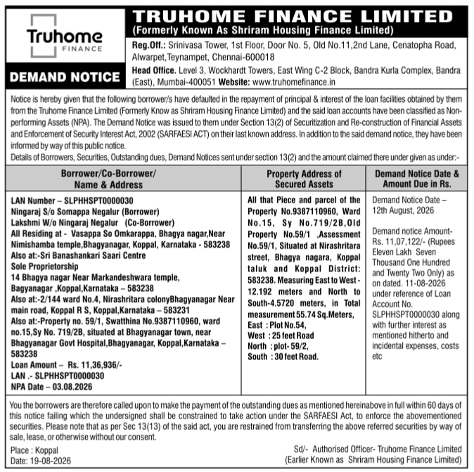 Demand Notice for Mortgaged Property by Truhome Finance Limited