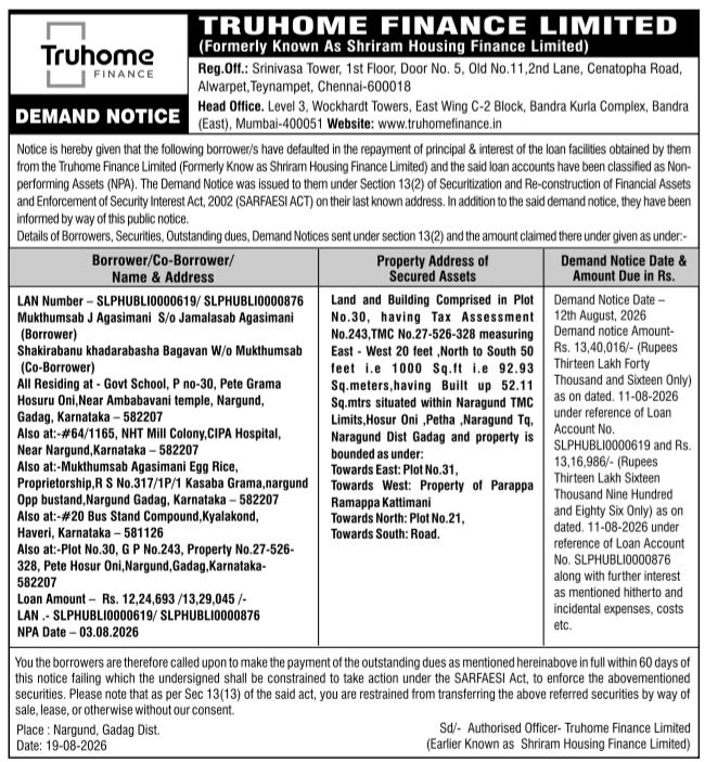 Demand Notice for Mortgaged Property by Truhome Finance Limited
