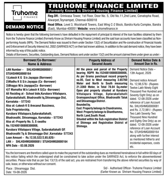 Demand Notice for Mortgaged Property by Truhome Finance Limited