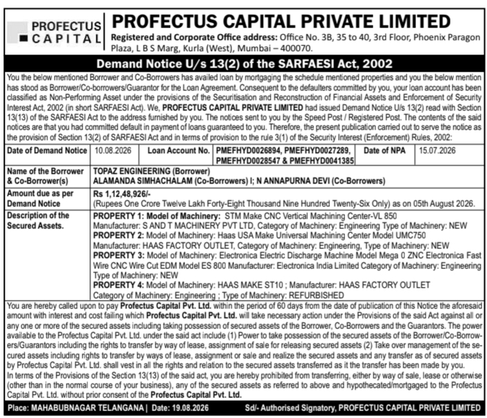 Demand Notice for Secured Assets by Profectus Capital Private Limited