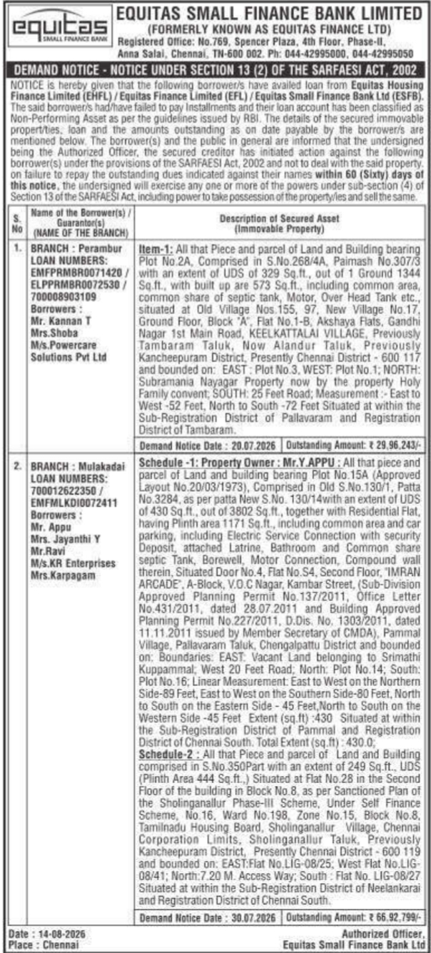 Demand Notice Under Section 13(2) of SARFAESI Act by Equitas Small Finance Bank