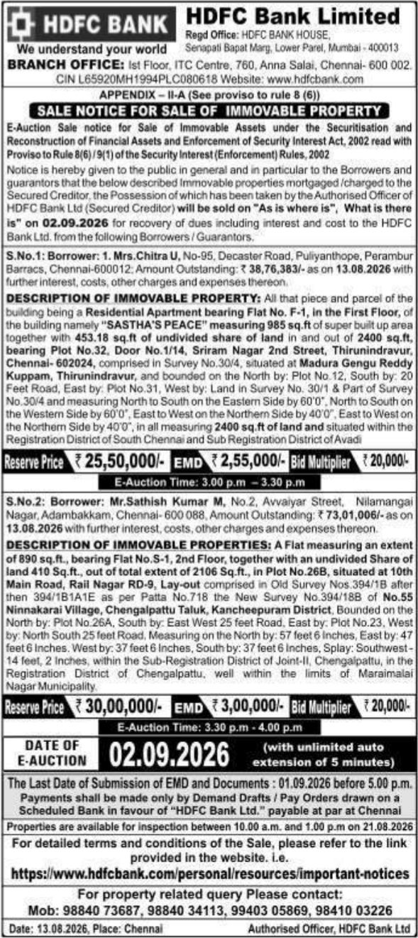 E-Auction Notice for Sale of Immovable Properties by HDFC Bank