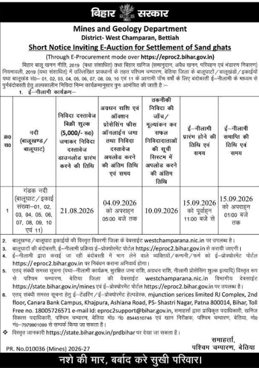 E-Auction Notice for Settlement of Sand Ghats by West Champaran District